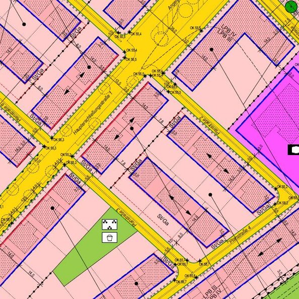 zeichnerische Festsetzungen für eine konkrete Fläche der Stadt Wesseling (farbige Flächen, Linien und Symbole)