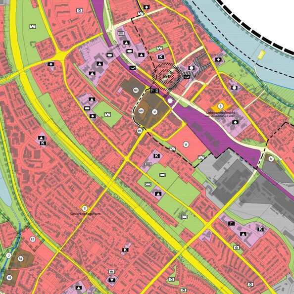 zentraler Bereich der Stadt Wesseling mit farbigen Flächendarstellungen für die jeweilige Nutzung